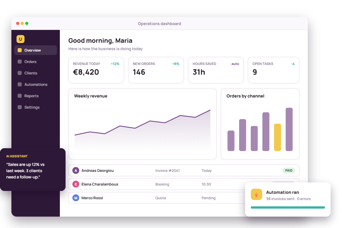 Illustration of a custom business dashboard with live revenue, orders, automations and an AI assistant