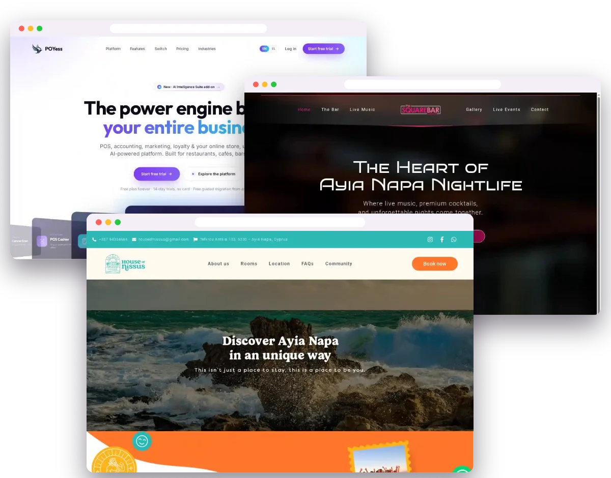 Websites designed and built by Ufly Creative: POYess, Square Bar Ayia Napa and House of Nissus