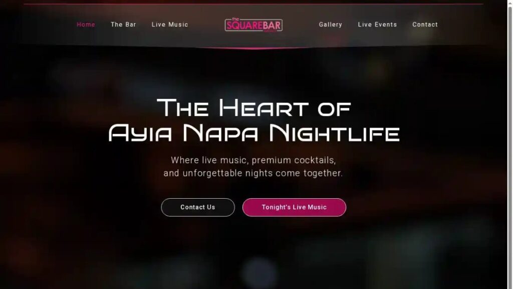 Square Bar Ayia Napa website homepage, designed and built by Ufly Creative